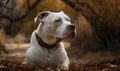 close up photo of Dogo Argentino on blurry forest background. Generative AI