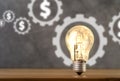 Close up photo of dollar sign and shining light bulb in one frame Royalty Free Stock Photo