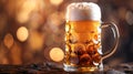 A close-up photo of a draft beer glass with a perfect head of foam, set against a blurred background sparkling Royalty Free Stock Photo