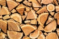 Close-up photo of a dry chopped wood, wooden logs for a fire or a fireplace neatly stacked in a pile Royalty Free Stock Photo