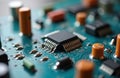 Close-up photo of electronic circuit board with capacitor, resistor, transistor components. Tech hardware pcb with blur, shallow Royalty Free Stock Photo