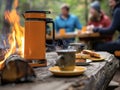 A close-up photo of a family gathered around a campfire in the morning. A percolator sits on the fire