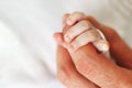 Close up photo of father holding newborn baby hand Royalty Free Stock Photo