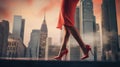 Close-up photo of feet. Pink shoes and pink skirt on a blurred city background.
