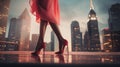 Close-up photo of feet. Pink shoes and pink skirt on a blurred city background.