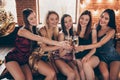 Close up photo fellows five funny beautiful event she her hang out ladies hands arms raise glasses festive golden