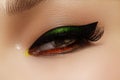 Close-up photo of female eyes with black eye liner. Fashion makeup with perfect arrows shape. Retro style and chic evening make-up