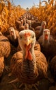 Close-up photo of a flock of turkeys running through a cornfield. Turkey as the main dish of thanksgiving for the harvest