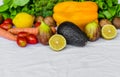 Close up photo of fresh fruit and vegetables on a white background. Royalty Free Stock Photo