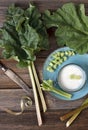 Close-up photo of fresh green leaves of rhubarb, knife and white sugar in blue bowl on plate Royalty Free Stock Photo