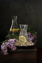 Close-up photo of a fresh iced lemonade with citrus and beautiful lilac flowers.