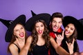 Close up photo of fun funny funky dark creatures rock-and-roll witches sorcerer enjoy october halloween party event show