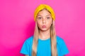 Close up photo of funny funky girl look want be comic have fun with friends wear lifestyle blue t-shirt bright clothes