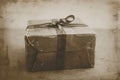 A close-up photo of a gift wrapped in brown paper, featuring a neatly tied bow on top, ready to be unwrapped, Vintage sepia tone