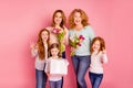 Close up photo ginger foxy little girls mom granny close tight vacation weekend spend time visit party bring flowers