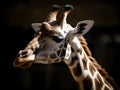 Close-up photo of giraffe face isolated on dark background