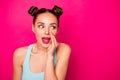 Close up photo of girlish youth looking sharing confidential novelties isolated over fuchsia background