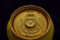 Close-up photo of golden aluminum closed can, jar of beer, coke, soda with condensation water drops against black Royalty Free Stock Photo