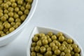 Close up photo of green olives in white bowls Royalty Free Stock Photo