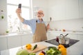 Close up photo grey haired he his him grandpa hands telephone smart phone make take pictures process cooking relatives