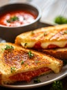 A close-up photo of a grilled cheese sandwich cut in half, revealing melted cheese and a bowl of tomato soup on a white Royalty Free Stock Photo