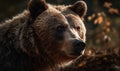 close up photo of grizzly bear on blurry forest background. Generative AI