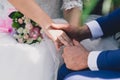 Close up photo of groom and bride's hands. Wedding day