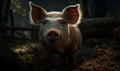 close up photo of Hampshire pig on blurry forest background. Generative AI Royalty Free Stock Photo