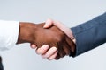 Close up photo. Hand of african american businessman shaking hands with another business partner Royalty Free Stock Photo