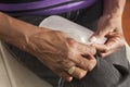 Close-up photo of hands sewing  and embroidering Royalty Free Stock Photo