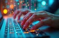 Close-up photo of hands typing on glowing keyboard, in colorful data streams. Person coding, programming on laptop. Interface, Royalty Free Stock Photo