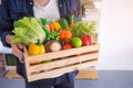 Close-up photo of hands young man is holding a basket box wooden with colorful vegetables and fruits organic to prepare for foods Royalty Free Stock Photo