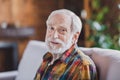 Close up photo of handsome grandparent grey hair kindly smile chatting wear casual checkered clothes sitting couch Royalty Free Stock Photo