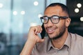 Close-up photo of happy and smiling african american businessman in glasses talking cheerfully on phone with customers Royalty Free Stock Photo