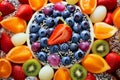 Close-up photo of healthy eating with fresh fruits, berries and seed, balanced diet, nutrient-rich food. Generative AI