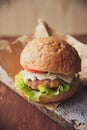 Close-up photo of home made hamburger with beef, onion, tomato, lettuce, cheese and spices. Fresh burger closeup on Royalty Free Stock Photo