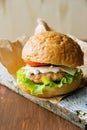 Close-up photo of home made hamburger with beef, onion, tomato, lettuce, cheese and spices. Fresh burger closeup on Royalty Free Stock Photo