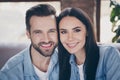 Close up photo of idyllic passionate loving family woman man enjoy spend quarantine together toothy smile wear denim