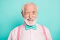 Close up photo of imposing dreamy candid old man wink blink enjoy cool best weekend wear good look clothing isolated Royalty Free Stock Photo