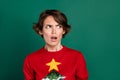 Close up photo of impressed lady wear ugly print jumper open mouth misunderstand look empty space isolated on green