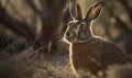 close up photo of jackrabbit on bluury background of its natural habitat. Generative AI