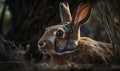 close up photo of jackrabbit on bluury background of its natural habitat. Generative AI