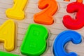 Close up photo of kids toy multi colored numbers and letters