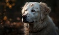 close up photo of kuvasz dog on blurry outdoors background. Generative AI