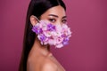 Close up photo of lady wear ecological blossoming orchid mask covid prevention safe for planet on pink color background