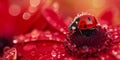 Close-Up Photo Of Ladybug Sitting On Bright Red Flower Petal With Glistening Water Droplets Royalty Free Stock Photo