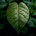 A close-up photo of a leaf with rain droplets