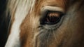 Close-up photo of a light horse\'s eye with a spot on its face. Young stallion, equestrian sport and animal concept Royalty Free Stock Photo