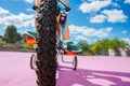 Close-up photo of the little bicycle wheel and boy push pedals