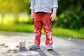 Close-up photo of little kid boy drawing with colored chalk on asphalt. Royalty Free Stock Photo